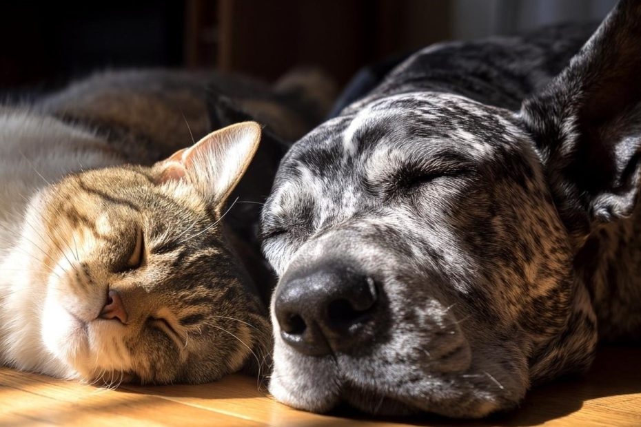 A sleeping gray and white dog and brown and white cat on a wood floor.
