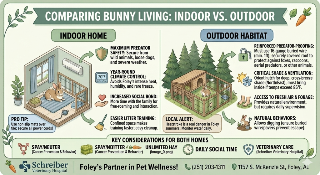 This comparison chart breaks down the two lifestyles based on key factors: Safety from Predators: Highlighting the security of indoor life and the specific requirements for an outdoor pen in our area. Weather Considerations: Directly addressing Foley's heat and humidity and the modifications needed for safe outdoor housing. Human Interaction: Showing how each setup affects the human-animal bond. Special Local Care: A dedicated section explaining how heatstroke can occur in just 15 minutes in Foley's climate and exactly how to mitigate that risk with deep shade, proper orientation, and cooling tools.