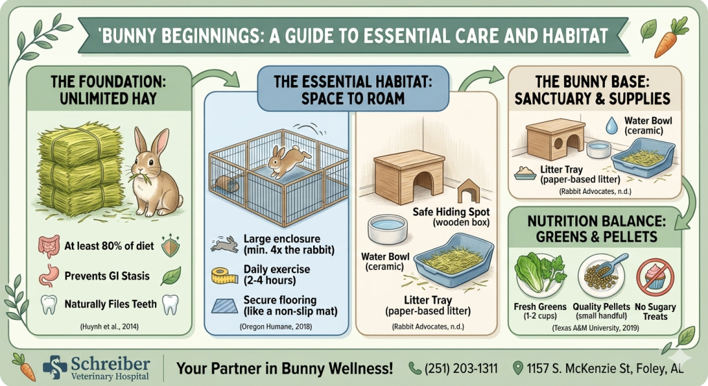 Intro to Bunny Care info-graphic includes The graphic organizes the complex care information into four key zones: The Foundation: Stressing the importance of unlimited hay for GI stasis and dental health. The Essential Habitat: Detailing the enclosure size, exercise requirements, and flooring security. The Bunny Base: Showing the correct ceramic bowls, safe hiding spots, and non-toxic litter. Nutrition Balance: Highlighting the greens, pellets, and essential treats to avoid.