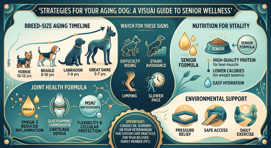 Here is the descriptive alt text for the infographic: Alt Text: An educational infographic titled "Strategies for Your Aging Dog: A Visual Guide to Senior Wellness" using a teal, gold, and cream color palette. The graphic is divided into five main sections: Breed-Size Aging Timeline: A line graph showing that larger dogs age faster than smaller dogs, noting senior status for Yorkies (10–12 yrs), Beagles (8–10 yrs), Labradors (7–9 yrs), and Great Danes (5–7 yrs). Watch for These Signs: Icons illustrating mobility issues including difficulty rising, stairs avoidance, limping, and a slower pace. Nutrition for Vitality: Details on senior formulas featuring high-quality protein for muscle, lower calories for weight balance, and tips for easy hydration. Joint Health Formula: Highlights the benefits of Omega-3 for reduced inflammation, Glucosamine/Chondroitin for cartilage repair, and MSM/Antioxidants for cellular protection. Environmental Support: Recommends pressure relief beds, safe access ramps, and daily gentle exercise. A gold seal at the bottom contains an important notice to consult Dr. Schriber or a veterinarian for custom care practices for your pet.